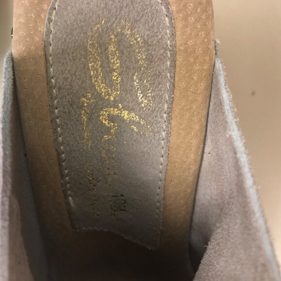 Sbicca Gray Suede Peep-Toe Fringe Wedge Sandals 5” Wooden Heel Size 10 M Boho - Picture 13 of 16